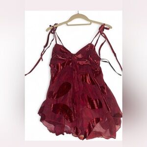 Elegant Red Women's Vintage sheer and velvet Top